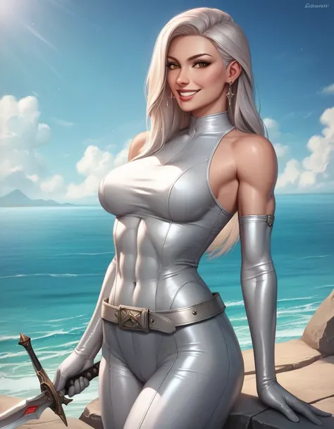 female silver sleeveless latex bodysuit, silver belt, silver long tight pants, racerback, bare shoulders, long elbow gloves, silver gloves, toned arms, beautiful faces, white hair, long hair, earrings, soft smooth skin, pale skin, ocean background, brown e...