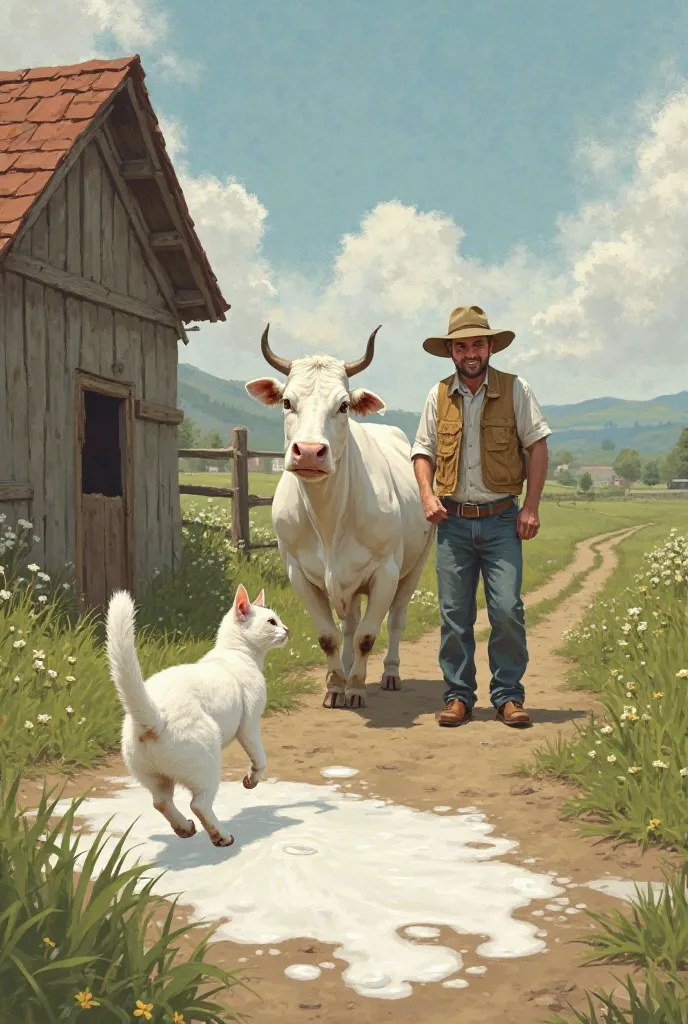 The farmer rushes outside, surprised to see the spilled milk. The white cat looks at the farmer, then turns and runs towards the white cow, as if calling him. Realizing the cat's clever signal, the farmer follows her.