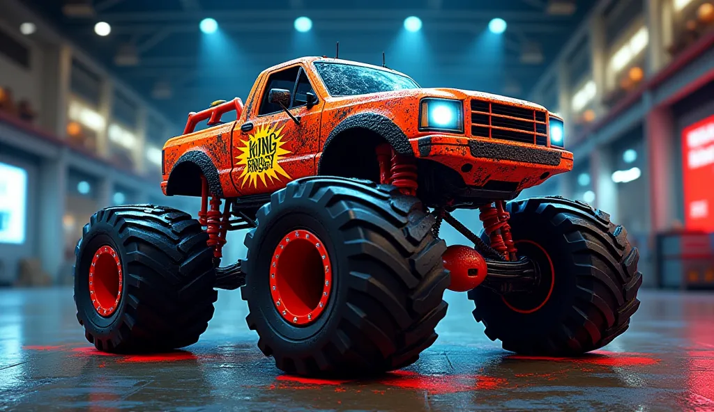 The image depicts the left side front view of 2025  ( king krush monster truck)  (zombies) clour. in a futuristic, well showroom and back ground well logo( krush) . full great size with Good's walls and  highlight 56k.