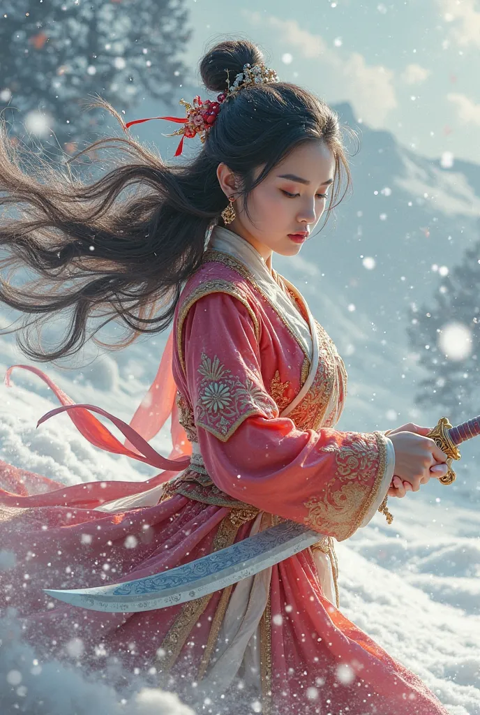 A beautiful oriental girl with wavy, long hair and traditional oriental colorful clothing fights in the snow with her dagger
