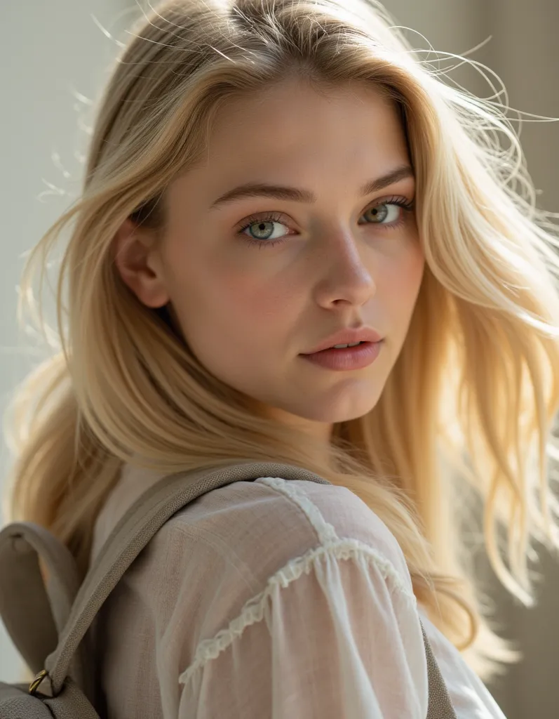 Belle fille parfaite, elle a 18 ans, elle a un sac a dos scolaire. Elle est en pull. Elle est parfaite, super belle, elle est blonde. Elle a du maquillage, ce qui la rend encore plus belle