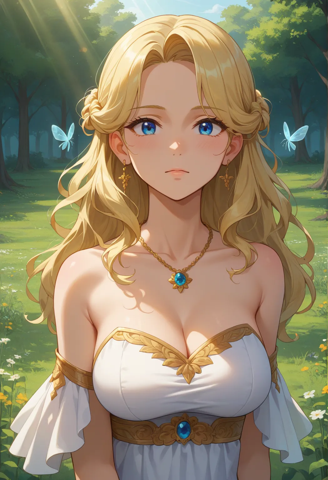 White　white dress　 Gold　straight hair　Fair skin　Blue eyes　The skirt is short　 big breasts 　　Attacked by insects