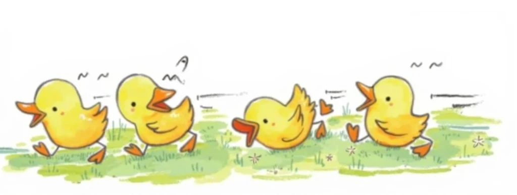 "A charming and heartwarming digital illustration of four playful ducklings enjoying their time on a lush green meadow. Each duckling should have unique, expressive poses: one laughing, one rolling on its back, one flapping its wings joyfully, and another ...