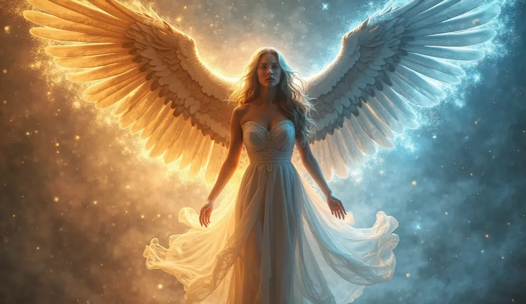  ULTRA-REALISTIC IMAGE of a radiant-skinned woman, wearing a long heavenly dress, with a Two-Headed Eagle flying around her, her wings creating a storm of golden and blue light, representing the fusion between intuition and manifestation.  convey depth .