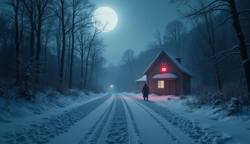 "A chilling winter night beneath a full moon, with a dense, eerie fog rolling over a desolate, snow-covered road. In the distance, an abandoned cabin with dim, flickering lights stands, its door slightly ajar. A set of eerie footprints in the fresh snow le...