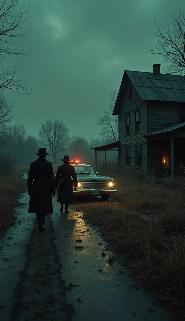 A hyper-realistic, ultra-detailed cinematic scene of a cold, eerie night in 1957 as police officers arrive at Ed Gein's isolated farmhouse in rural Wisconsin. The old wooden house stands in the distance, its decayed structure barely illuminated by the dim ...