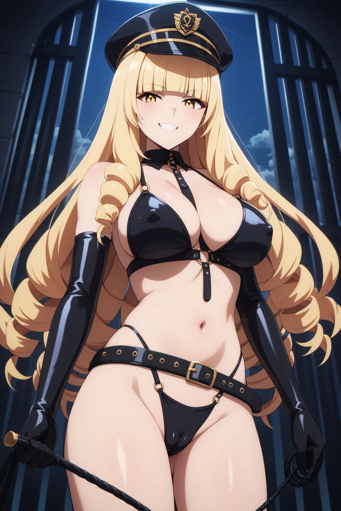 masterpiece,best quality,{{detailed beautiful face and eyes}}, very detailed background,
Rose Oriana,{{{megami magazine}}},long hair,blonde hair,drill hair,blunt bangs,yellow eyes,large breasts,
(dominatrix:1.3),belt,elbow gloves,black hat,peaked cap,
(bla...