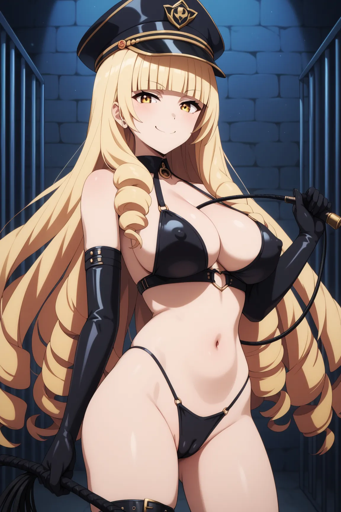 masterpiece,best quality,{{detailed beautiful face and eyes}}, very detailed background,
Rose Oriana,{{{megami magazine}}},long hair,blonde hair,drill hair,blunt bangs,yellow eyes,large breasts,
(dominatrix:1.3),belt,elbow gloves,black hat,peaked cap,
(bla...