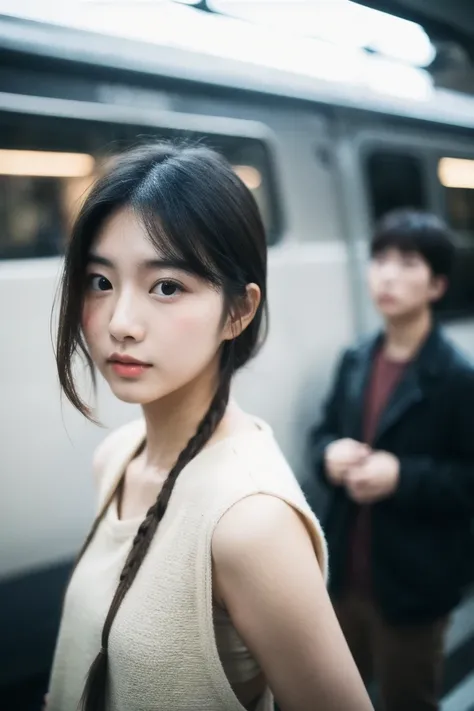  Cinematography of a beautiful Korean fashion model, train blur background 