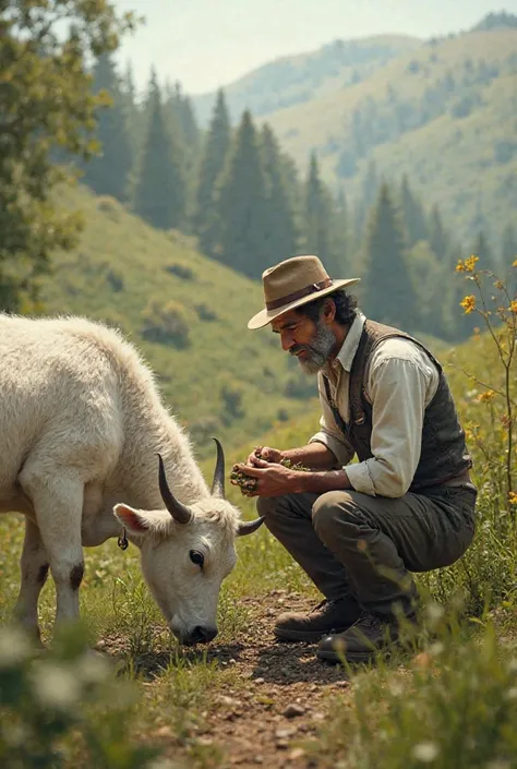 The farmer reaches the white cow and examines her condition. He quickly gathers some herbs and feeds them to the white cow, giving her water as well. Gradually, the white cow begins to feel better.