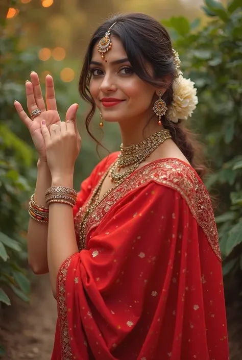 Sweet sexy Indian woman in red saree waving bye