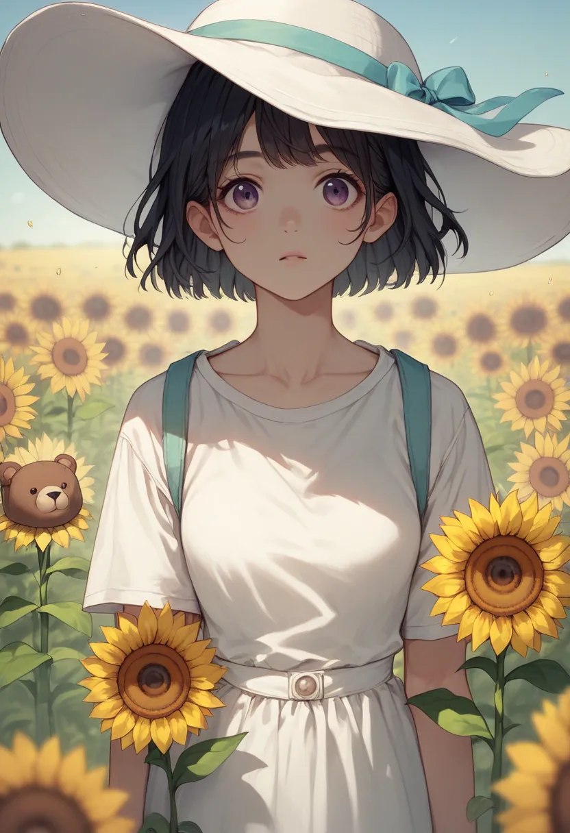 AnimeArtsCute, This is a digital anime-style drawing of ayoung girl with short black hair, wearing a white sunhat adorned withsunflowers, a yellow T-shirt, and a white dress. She holds a stuffed bear. Shestands in a sunlit field of yellow sunflowers, with ...