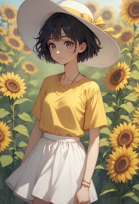 AnimeArtsCute, This is a digital anime-style drawing of ayoung girl with short black hair, wearing a white sunhat adorned withsunflowers, a yellow T-shirt, and a white dress. She holds a stuffed bear. Shestands in a sunlit field of yellow sunflowers, with ...