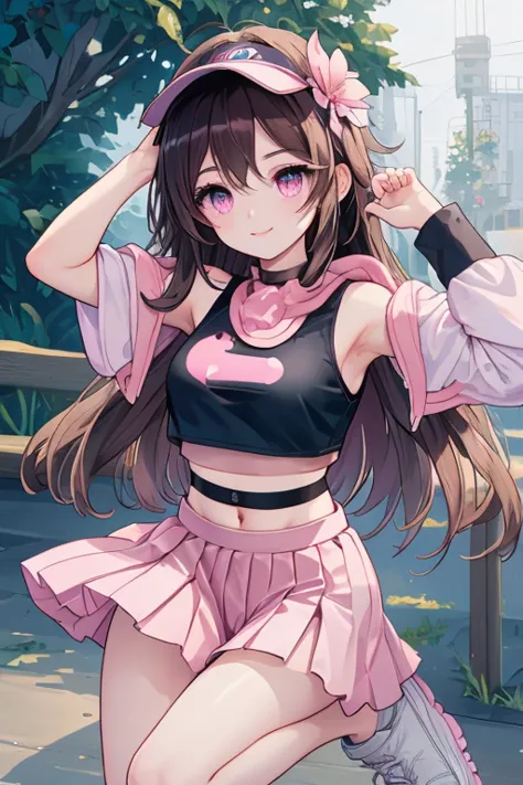  an anime girl,  Pink Eyes, long dark brown hair ,  pink sportswear, good face, cute body, pleated pink skirt, pink sports skirt, ((fitted pink crop top)), pink sleeveless fitted square compression top, ((small white sneakers)), white casual sneakers, Whit...