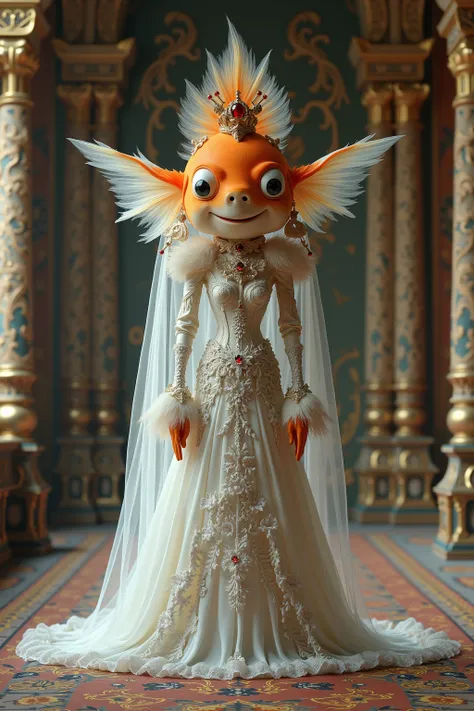 generate images of kawaii character of (goldfish head) zany scarecrow with a fantasy theme,(elegant smile:1.5),  highly intricate gothic royal  white long dress with white veil, elegant, and visually striking, highly detailed accessories,fantasy king palac...