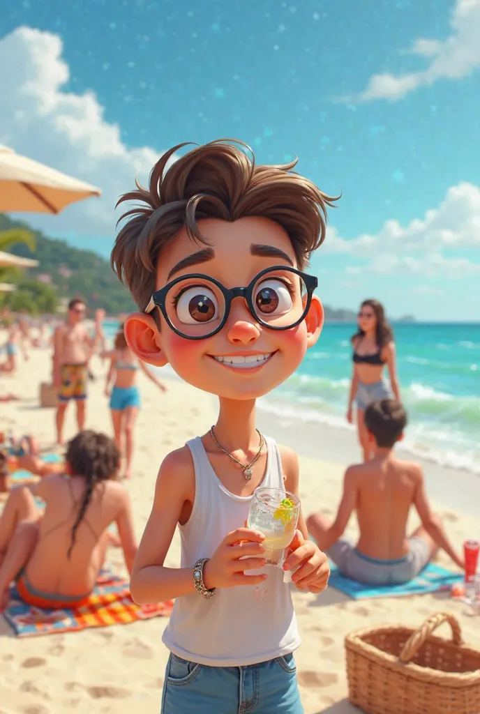 Mertillo with glasses on the beach with friends