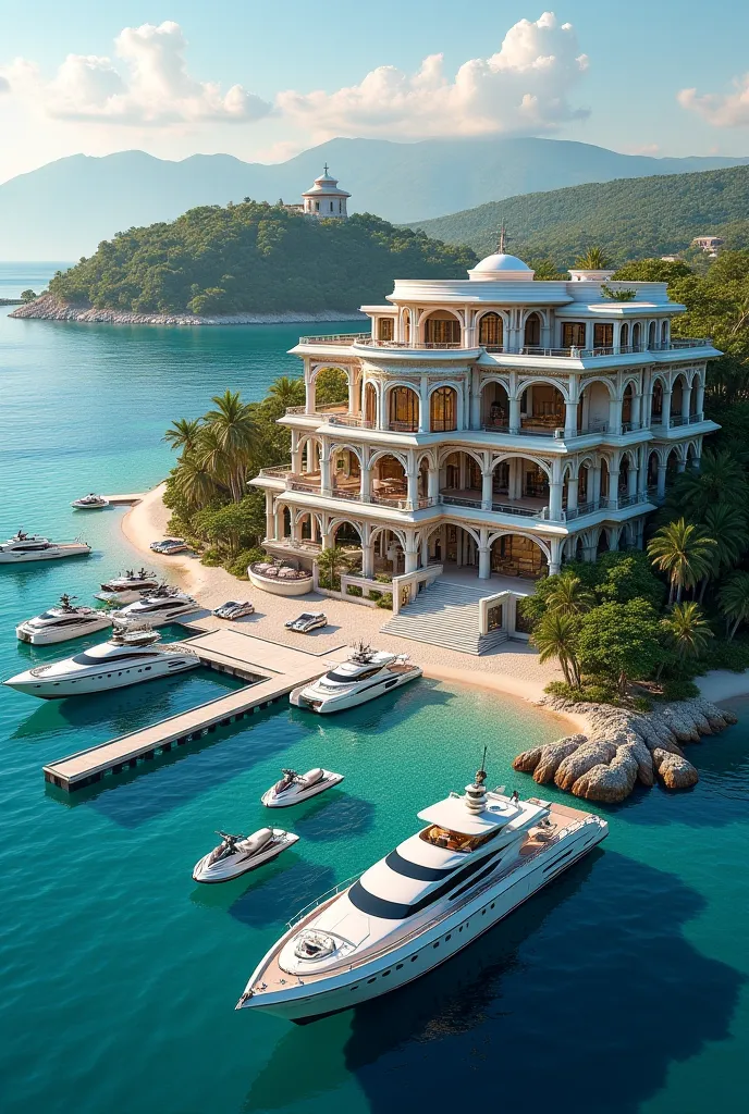 A mansion in an island that looks vey expensive. Has yachts and jet skis. Mirror windows