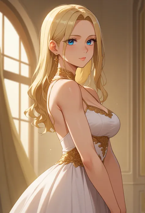 White　white dress　 Gold　straight hair　Fair skin　Blue eyes　The skirt is short　 big breasts 　　Age 15　Big Breasts　The area of clothes is small