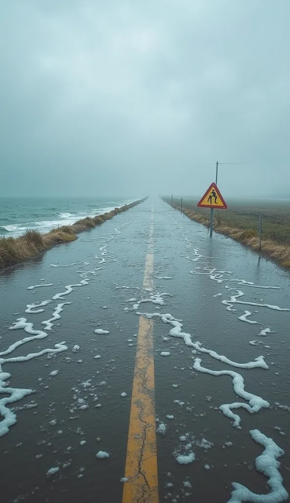 "A mysterious road in France, half-submerged in seawater, with waves gently covering the path. The background shows a cloudy sky, and a warning sign indicating the road disappears underwater. The atmosphere is slightly foggy to enhance the mystery."