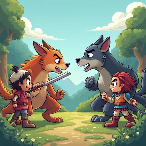 two enemy clans facing each other in a young cartoon style