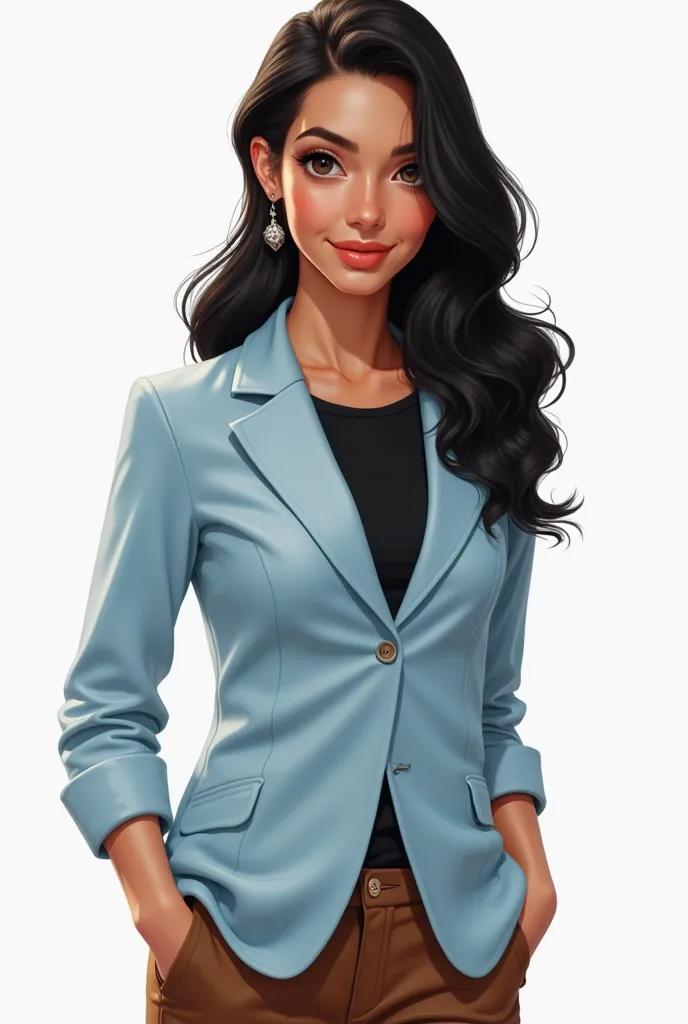 Side hairstyle with a black shirt and brown pants the woman with tanned white skin with wavy black hair wearing a light blue dress