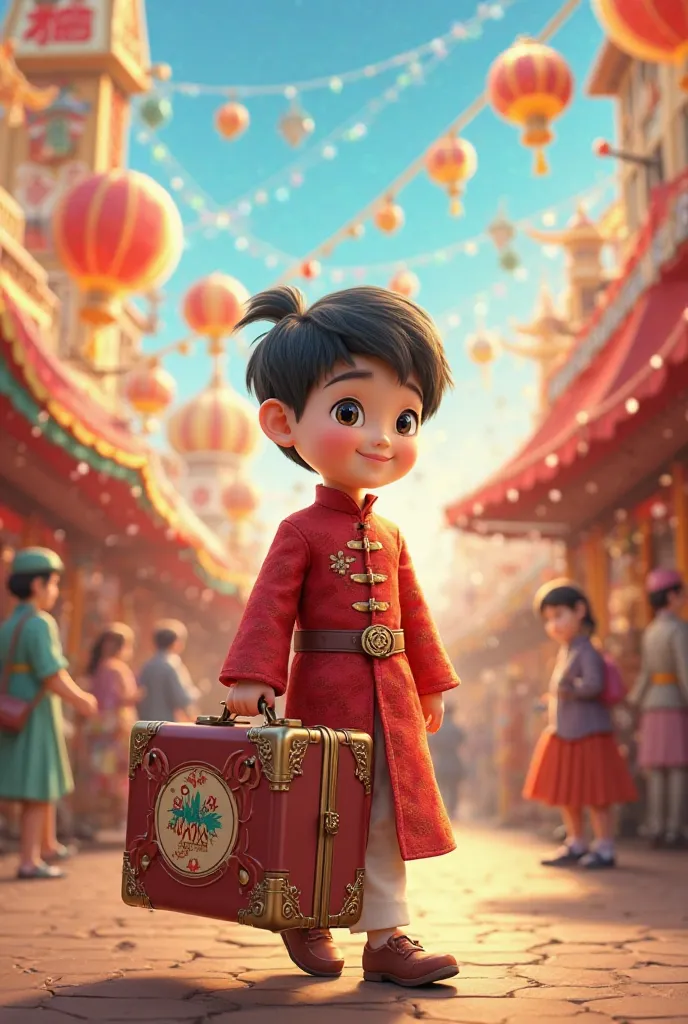 Carnival image 
Chinese boy 
with suitcase with Santa Marta sign made in China
