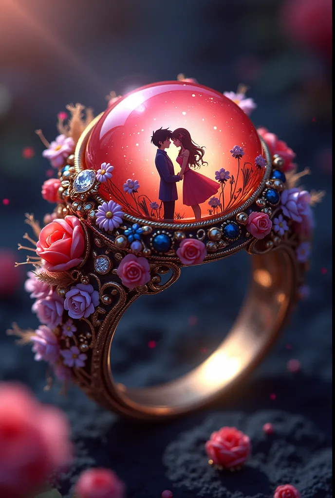 Red,black and purple ring customized with and flowers and feathers anime couple and diamond and with anime couple👫💍 love