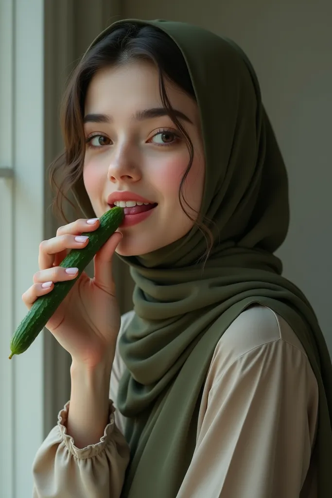 Hijab no bra smile while licking cucumber