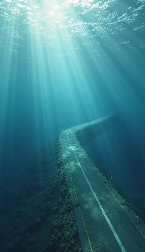 "An aerial view of the Passage du Gois road, completely submerged under deep blue water. The road is barely visible beneath the waves, with only road markers showing where it once was."