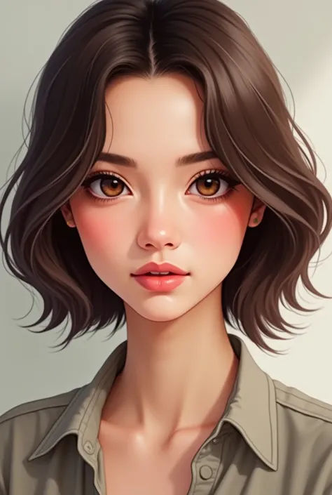 Here's a detailed prompt in English for a realistic style:

**Prompt:** "A short, brunette woman with deep brown eyes and full lips, depicted in a hyper-realistic style. She has smooth, medium-length hair with a natural shine. Her expression is soft and se...