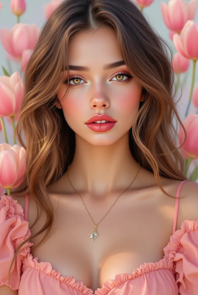 pinkfluxproultrafantasia, ((masterpiece, best quality)), a very beautiful portrait of a pretty girl illustration Giving tulip flowers, she has beautiful long hair till above her shoulder, little dusky skin, pixiv illustration, masterpiece, best quality, ch...