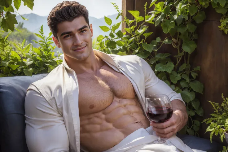  Create a REALISTIC image of the Greek god Dionysius with the face of actor Zane Philips.  In her clothes and that of a Greek god ,, and holding a wine glass ,  with foliage in the image and grapes .