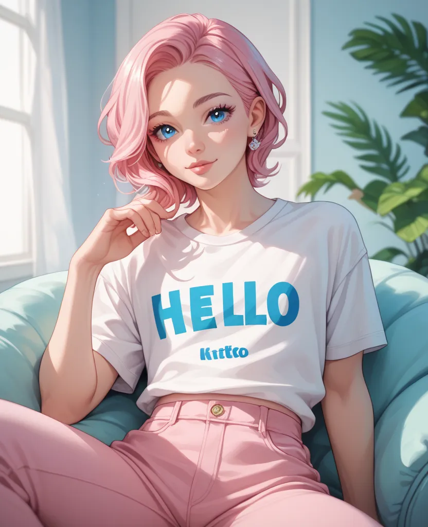 Anime guy with blue eyes pink hair beautiful eyelashes and a plain white t-shirt and pink pants with "Hello kitty"a calm expression on his face and he's sitting in a cute cozy room 