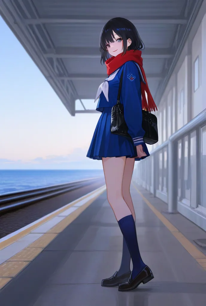  18 year old girl 。wearing a sailor suit。The length of the skirt is below the knee, red scarf, dark blue high socks, and loafers。I have a black leather bag。Natural makeup for an idol face with long black hair。Her eyes are big, innocent, and she has a lovel...