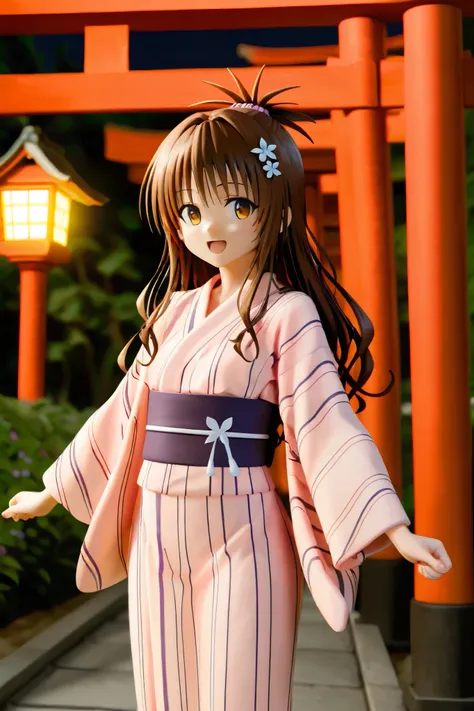 NSFW,masterpiece,Best Quality,Hi-Res,very detailed,Yuuki Mikan\(ToLOVEru), Hair、long hair、yellow eyes、hair ornaments close to the garden、Hair ties, kimono,yukata,shrine,torii