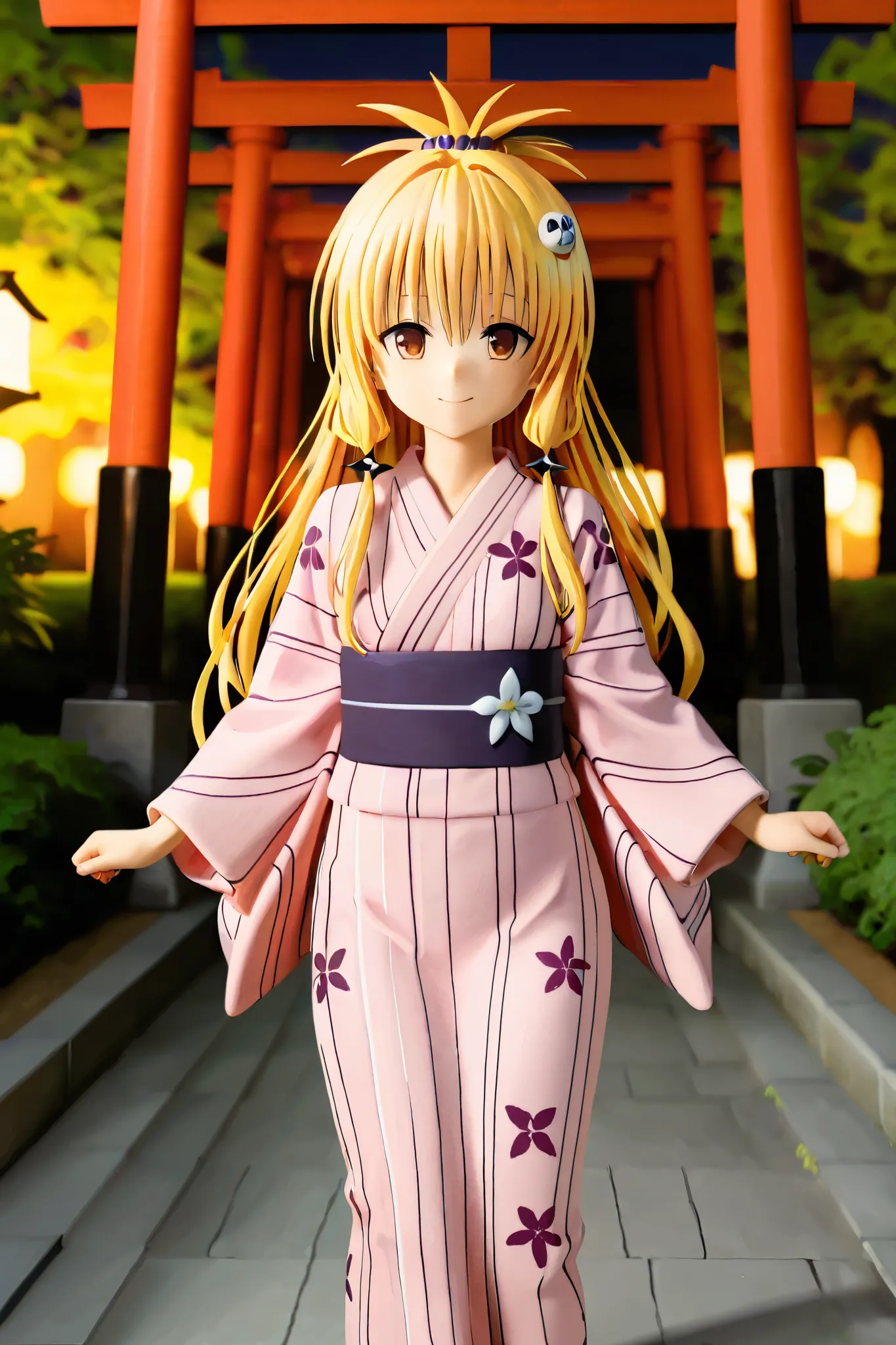 NSFW,masterpiece,Best Quality,Hi-Res,very detailed,Yuuki Mikan\(ToLOVEru), Hair、long hair、yellow eyes、hair ornaments close to the garden、Hair ties, kimono,yukata,shrine,torii