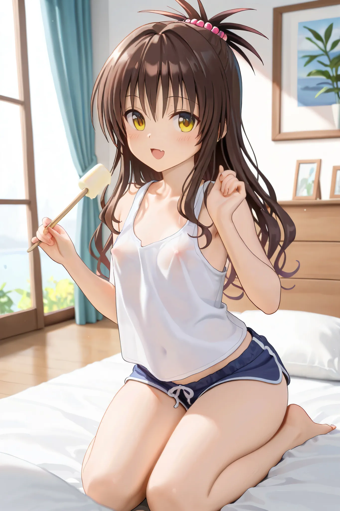 NSFW,masterpiece,Best Quality,Hi-Res,very detailed,Yuuki Mikan\(ToLOVEru), Hair、long hair、yellow eyes、hair ornaments close to the garden、Hair ties,tank top outside of anime,shorts,living room,I'm holding an ice cream stick