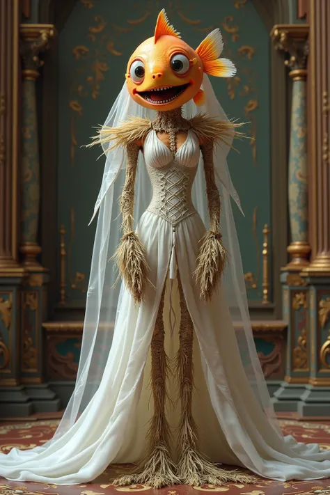 generate images of realistic character of (goldfish head) zany scarecrow with a fantasy theme,(happy smile:1.5),  highly intricate gothic royal  white long dress with white veil, elegant, and visually striking, highly detailed accessories,fantasy king pala...