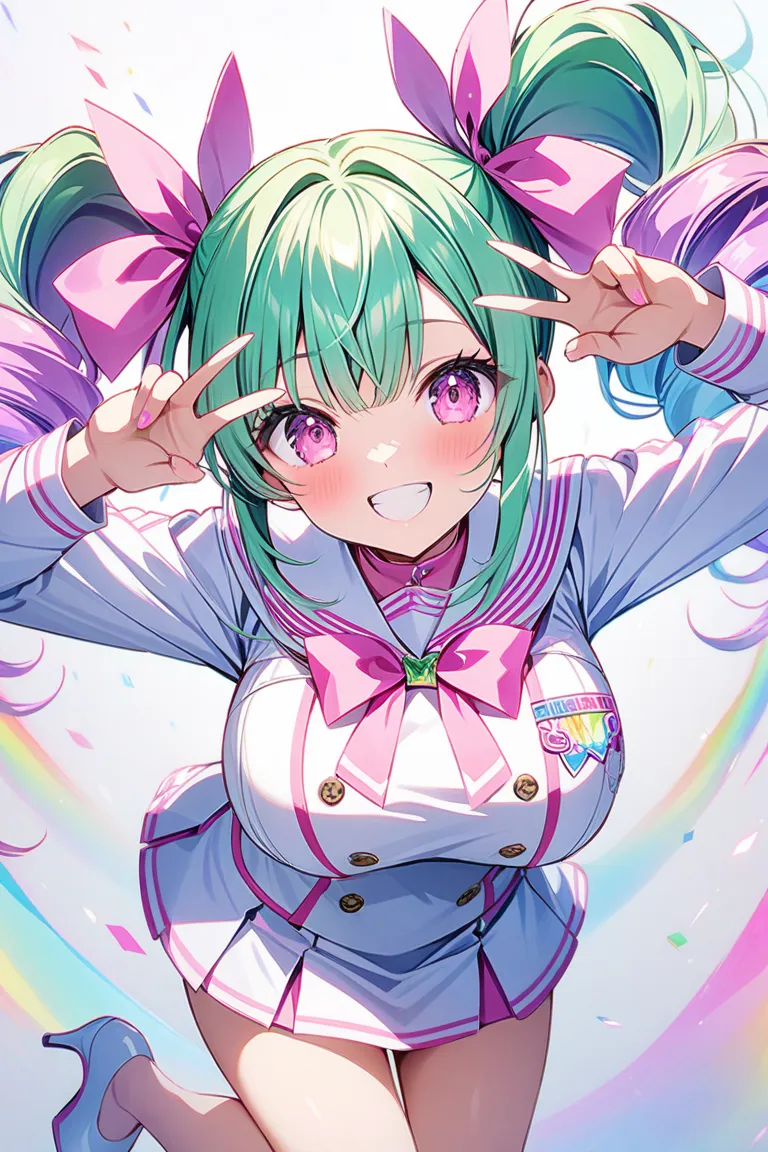 score_9, score_8_up , score_7_up ,source_anime,1cute girl, EMERALD hair,  pattern ,twin tails,twin drills,pink ribbon,smiles, Large breasts, cute white sailor suit with pink lines,miniskirt, pink eyes, The background is a rainbow１color,
 double v over eye,...