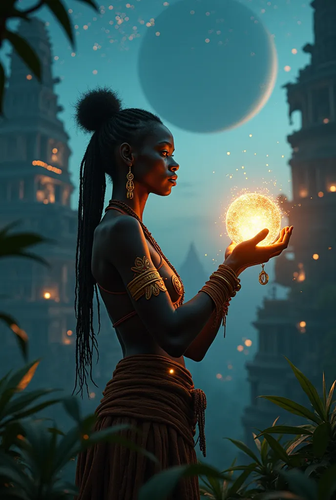  woman standing confidently in a dense, mystical jungle at twilight. Her dark skin is adorned with intricate, glowing tribal markings, and she wears a mix of traditional Luba attire with subtle futuristic elements. She holds a mysterious, luminous artifact...