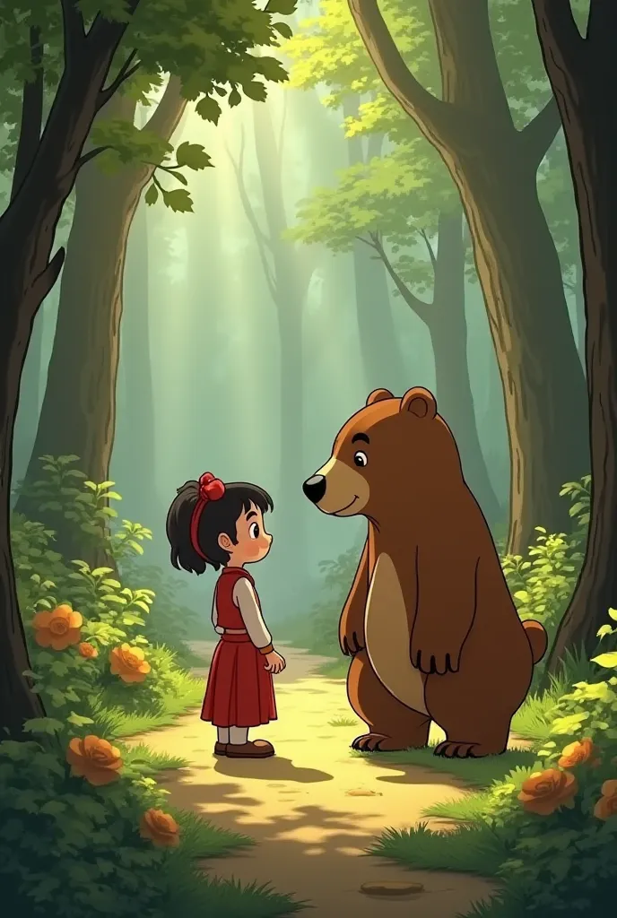 I should also consider if there's a cultural aspect. Maşa and the Bear is a popular animated series, so referencing that connection could add value. The user might be looking for a scene description for a project, like a storybook or an illustration. Inclu...