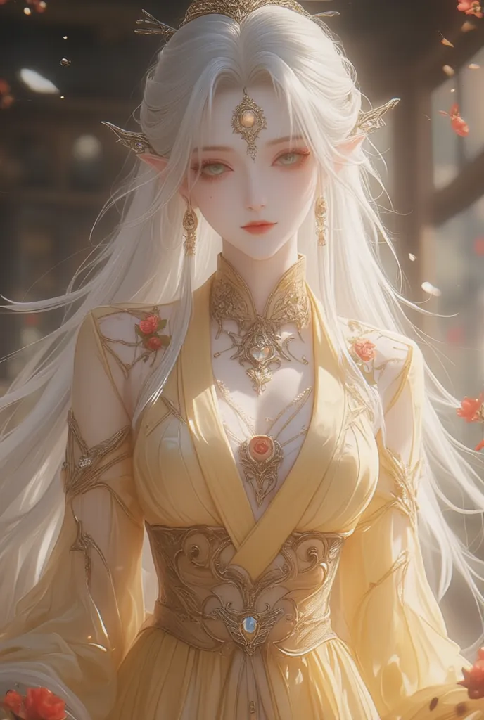 Make the elf female character long white hair smoothly unravel and look beautiful and sexy and dazzle and look beautiful 

Sleeping poses blindfold in academy's women's dormitory room,  Light Armor dress transparent yellow soft robe is very elegant as prin...