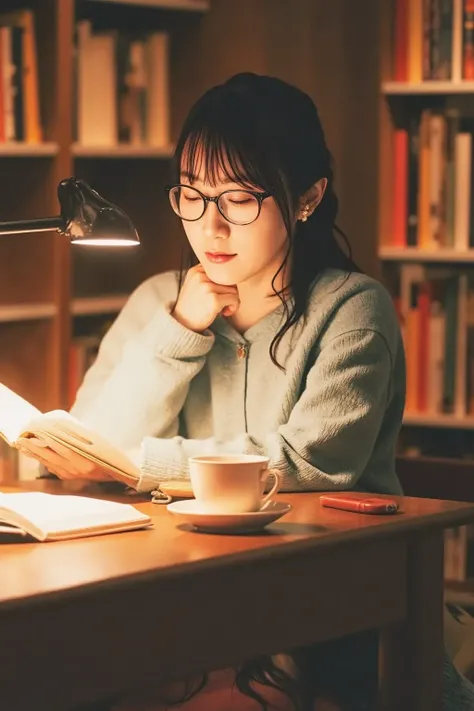 "A smart-looking woman with glasses, sitting in a cozy study room, reading a book. She has a thoughtful expression, and the warm lighting from a desk lamp highlights her face. The background features wooden bookshelves filled with books, a classic wooden d...