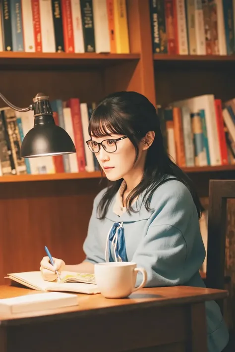 "A smart-looking woman with glasses, sitting in a cozy study room, reading a book. She has a thoughtful expression, and the warm lighting from a desk lamp highlights her face. The background features wooden bookshelves filled with books, a classic wooden d...