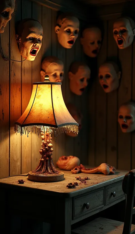 A hyper-realistic, ultra-detailed cinematic depiction of a horrifying scene inside Ed Gein’s farmhouse in 1957. The dim, flickering glow of a grotesque lamp—crafted entirely from stretched, tanned human skin—casts unsettling shadows across the decayed wood...