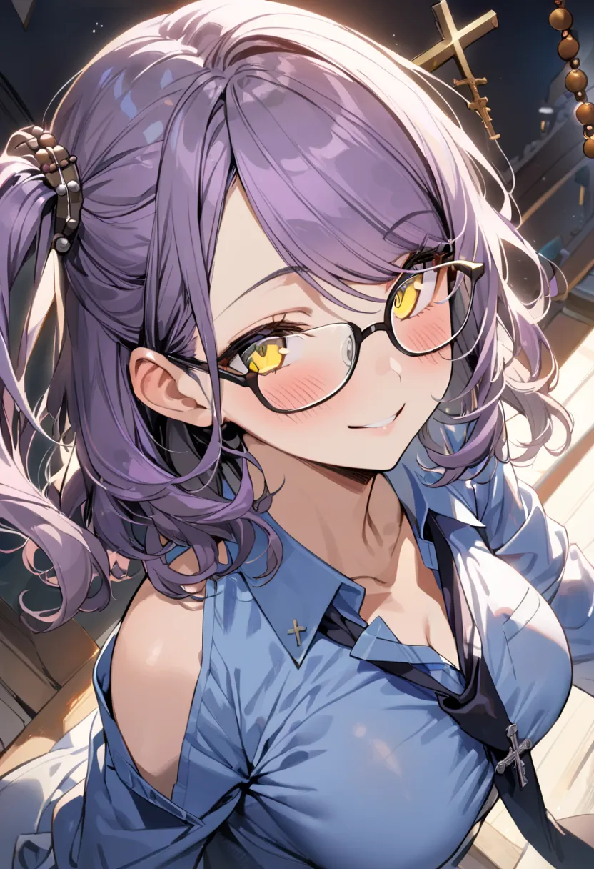 (masterpiece:1.2), (high quality:1.2), girls with((1girl, solo, purple hair, yellow eyes, glasses, braid left hair sharpy eyes, smiling, wavy hair, (medium hair, right swept bangs, one side up:1.55), bare shoulder, blush, medium breasts, cowboy shot, rosar...