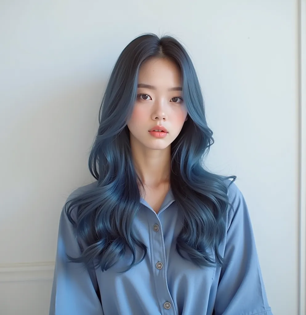 dslr photo of korean have blue hair