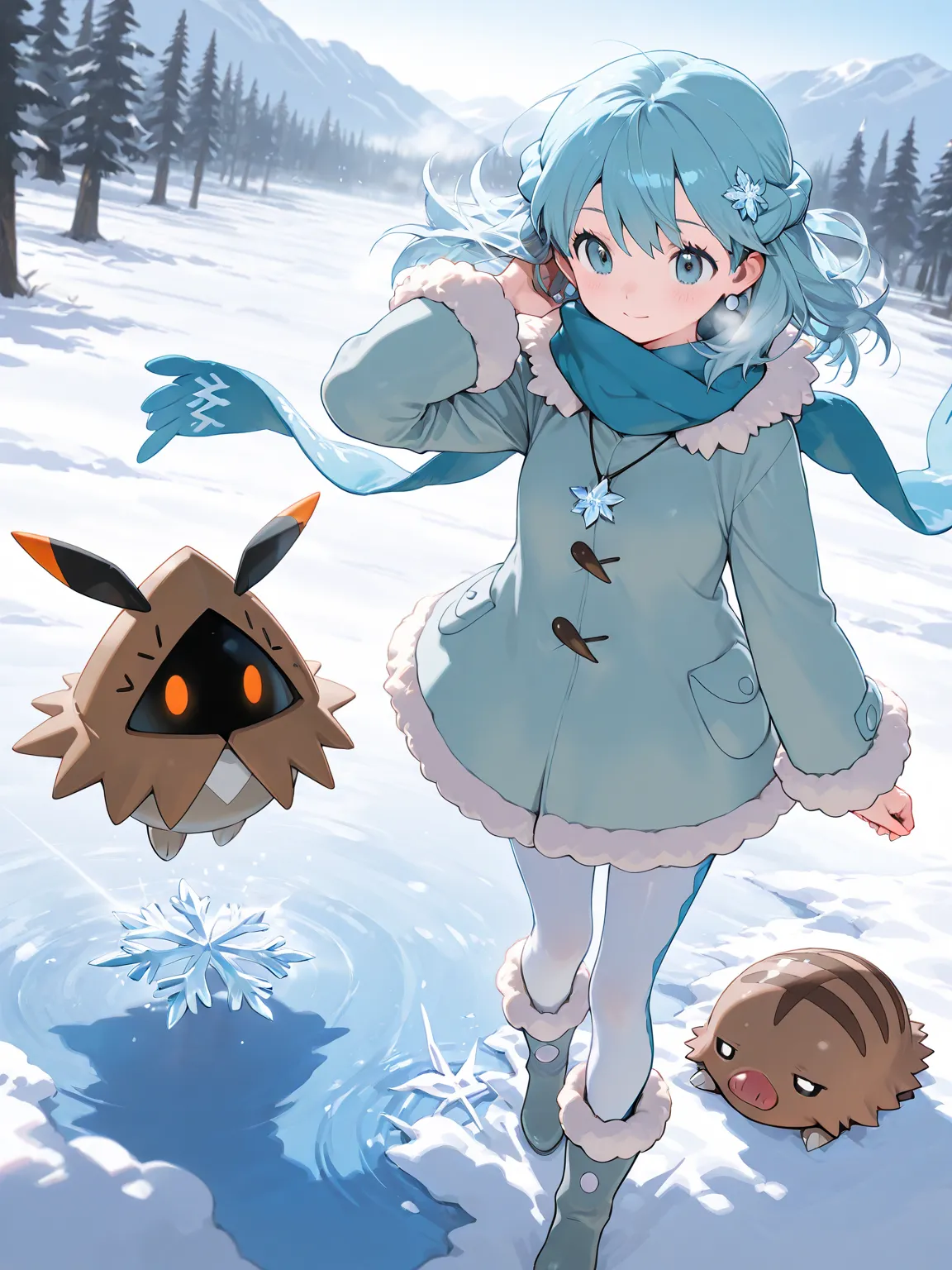 (masterpiece, best quality, ultra-detailed character, high resolution, 8k), 1girl, A cute, young female Pokémon trainer with icy blue hair that cascades in soft waves, resembling snowflakes caught in the wind. Her outfit is wintery and stylish—she wears a ...