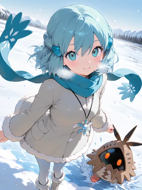 (masterpiece, best quality, ultra-detailed character, high resolution, 8k), 1girl, A cute, young female Pokémon trainer with icy blue hair that cascades in soft waves, resembling snowflakes caught in the wind. Her outfit is wintery and stylish—she wears a ...