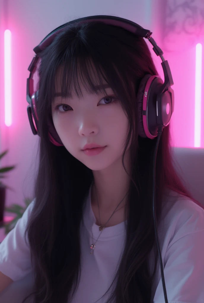 (realistic, photo-realistic:1.4), (masterpiece,  best quality:1.2), RAW photos, high resolution, complicated details, skin with a fine texture, a asian girl with long straight dark hair is wearing gaming headphones while looking straight into the camera, b...